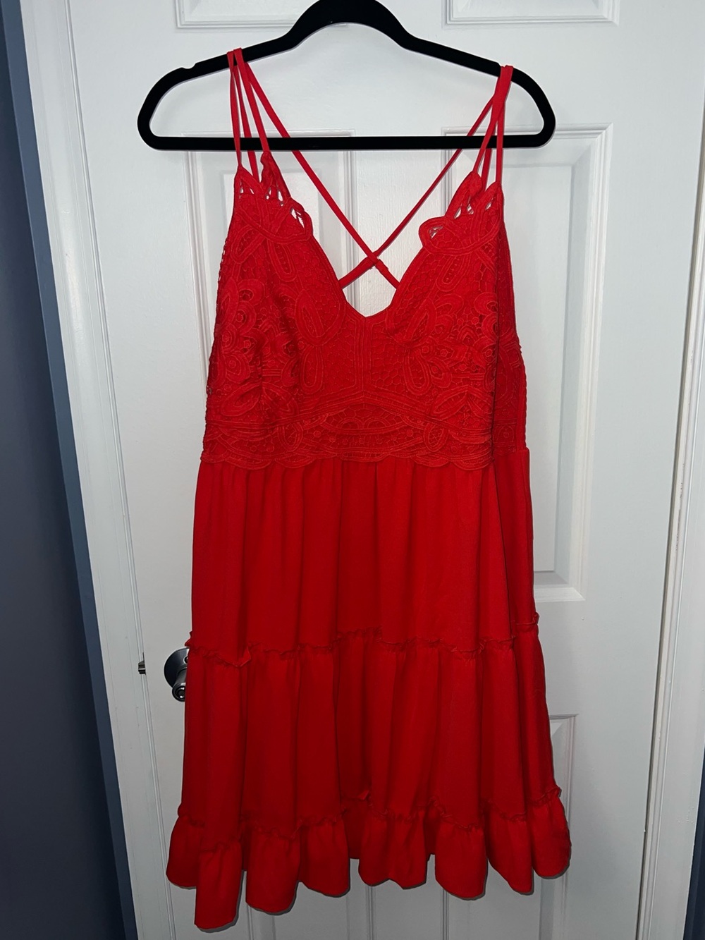 Red Lace Trim Smocked Mini Dress